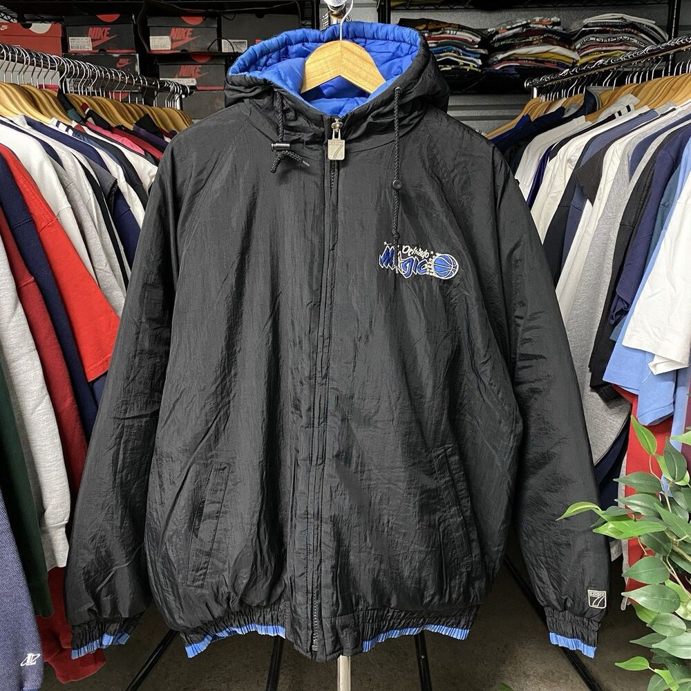 Vintage 90s Logo 7 NBA Orlando Magic Hooded Nylon Puffer Jacket Black Men's XL